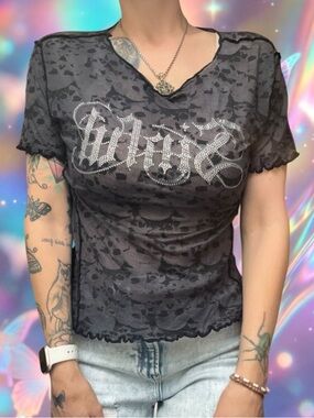 Embellished Black Sheer Short Sleeve Mesh Top